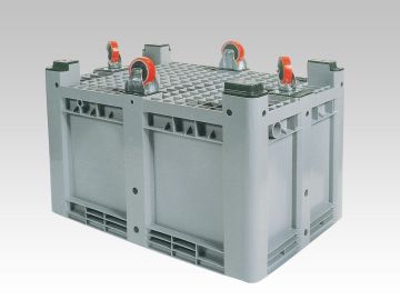 Palletbox 610 liter, 1200x1000x885 mm op 4 poten en 4 wielen kruislings gemonteerd lichtgrijs