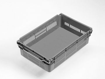 Beugelbak 30L, 600x400x163 mm, dichte bodem en wanden met sleufperforatie, grijs