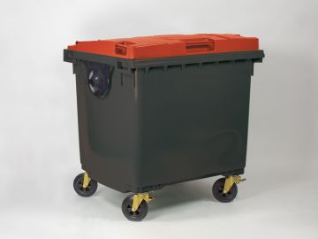 1000 liter rolcontainer met scharnierdeksel, donkergrijs/rood