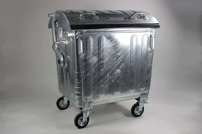 Stalen 4-wiel container, 1360x1070x1470 mm, 1100 liter, met kindveilig roldeksel
