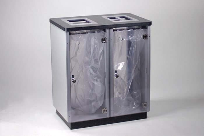 Vigipirate waste station for 2 waste streams on pedestral with waste bags