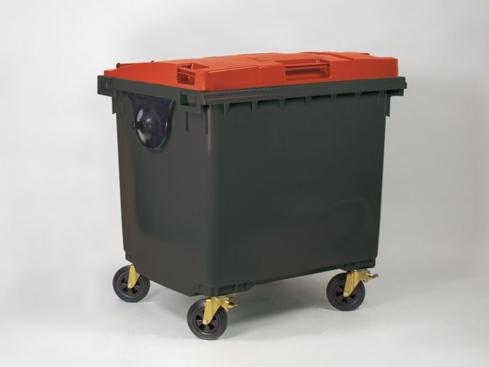 1000 liter rolcontainer met scharnierdeksel, donkergrijs/rood