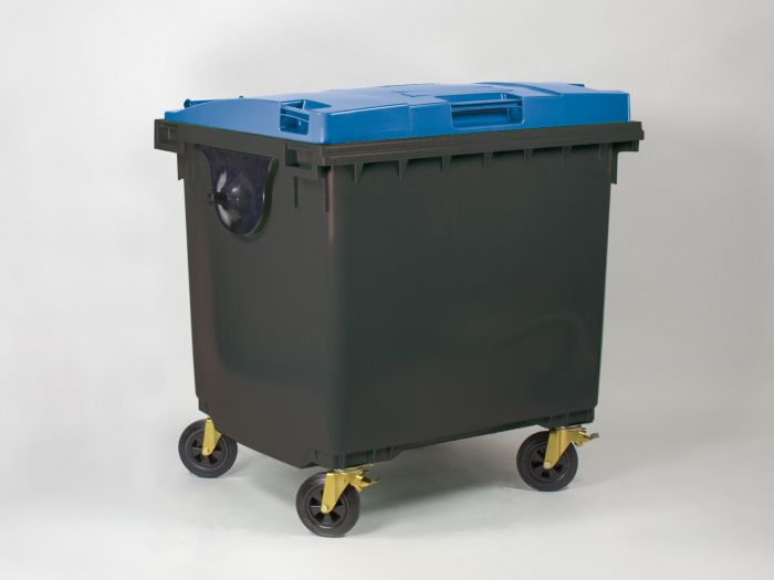 1000 liter rolcontainer met scharnierdeksel, donkergrijs/blauw
